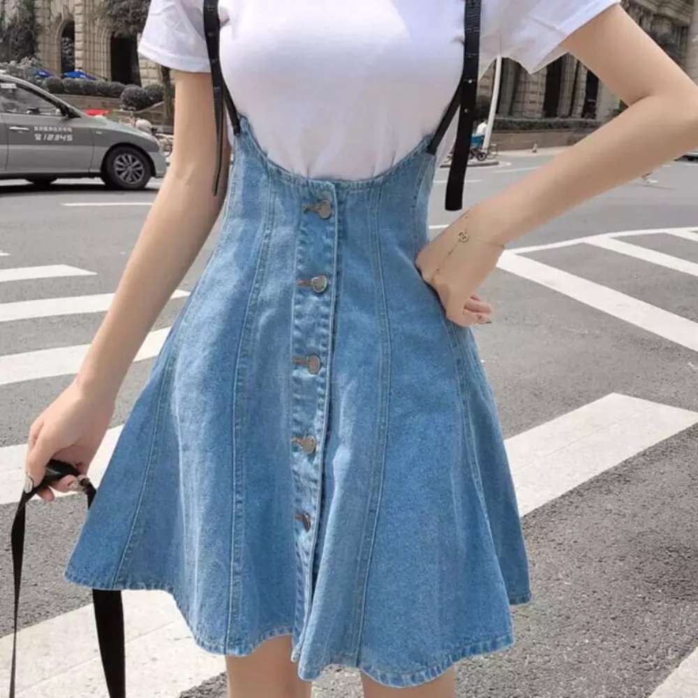 Denim overall skirt womens blue button bottom suspender